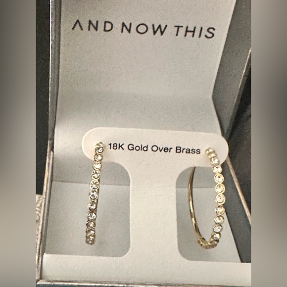 NWT And Now This High Polished Clear Crystal Duo C Hoop Earring Pair, Gold Plate - Picture 2 of 6